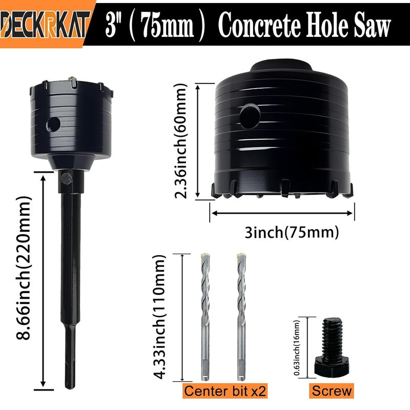 DECKRKAT 3" Concrete Hole Saw Kit,Electroplated Black Quenching Tech,Heavy-Duty Thickened Alloy Teeth,SDS Plus Shank & 2 Center Bits for Concrete,Brick,Stone. - Image 2